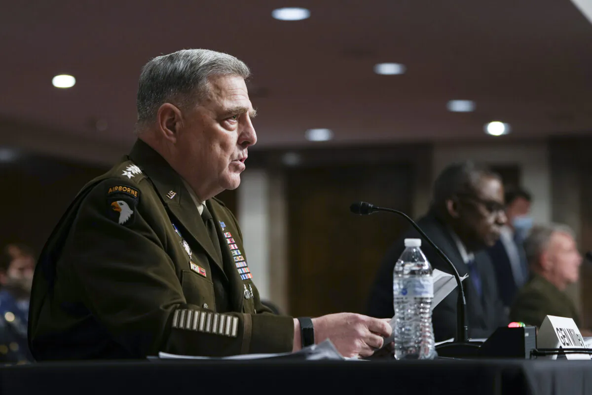 Chairman of the Joint Chiefs of Staff General Mark A. Milley testifies before a Senate armed services hearing on Sept. 28, 2021. (Sarahbeth Maney/The New York Times via AP, Pool)