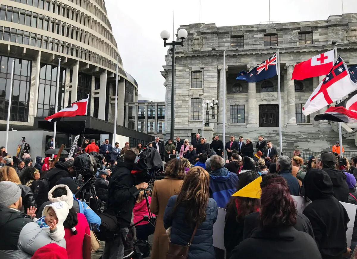Ministers address hundreds of Maori protesters gathered to demonstrate against what protesters say is the disproportionate number of Maori children taken by social service agencies from their families, outside parliament in Wellington, New Zealand on July 30, 2019. (Praveen Menon/Reuters)