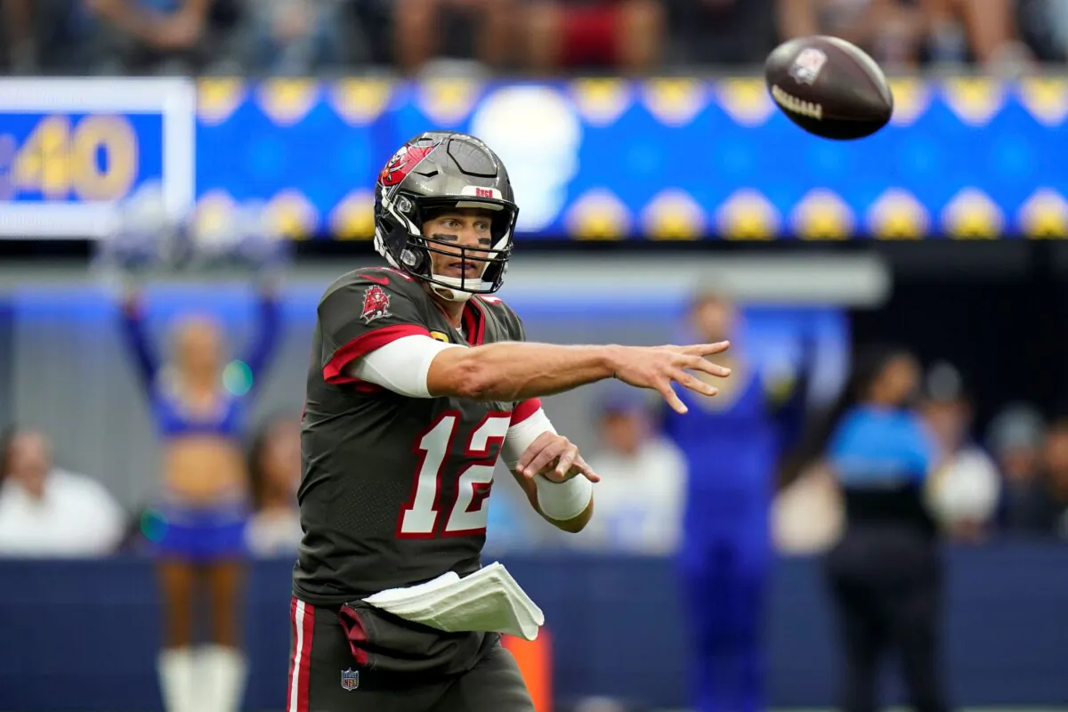 Tampa Bay Buccaneers quarterback Tom Brady throws against the Los Angeles Rams during the first half of an NFL football game in Inglewood, Calif., on Sept. 26, 2021. (Jae C. Hong/AP Photo)