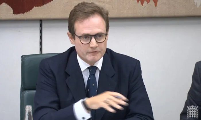 Committee chairman Tom Tugendhat asks a question as Foreign Secretary Dominic Raab (not pictured) gives evidence to the Commons Foreign Affairs Committee in London on Sept. 1, 2021. (House of Commons/Screenshot via PA)