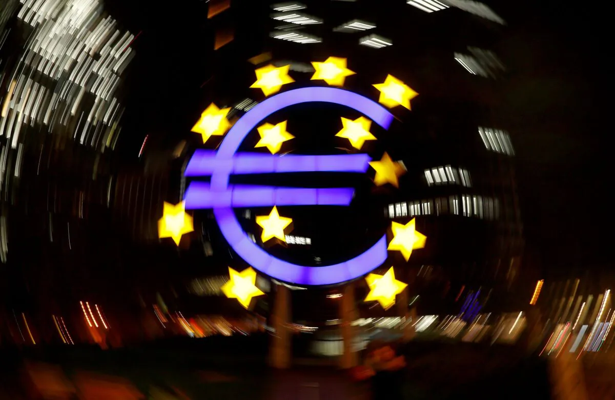 The euro sign is photographed in front of the former headquarters of the European Central Bank in Frankfurt, Germany on April 9, 2019. (Kai Pfaffenbach/Reuters)