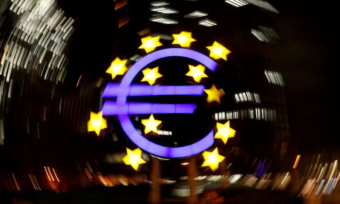 The euro sign is photographed in front of the former headquarters of the European Central Bank in Frankfurt, Germany, on April 9, 2019. (Kai Pfaffenbach/Reuters)