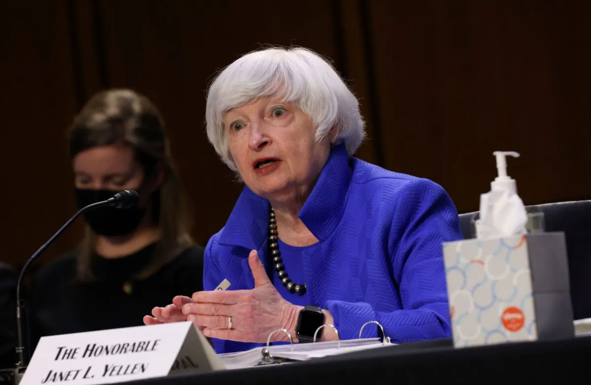 Treasury Secretary Janet Yellen testifies during a Senate Banking, Housing and Urban Affairs Committee hearing on the CARES Act, at the Hart Senate Office Building in Washington on Sept. 28, 2021. (Kevin Dietsch/Pool via Reuters)
