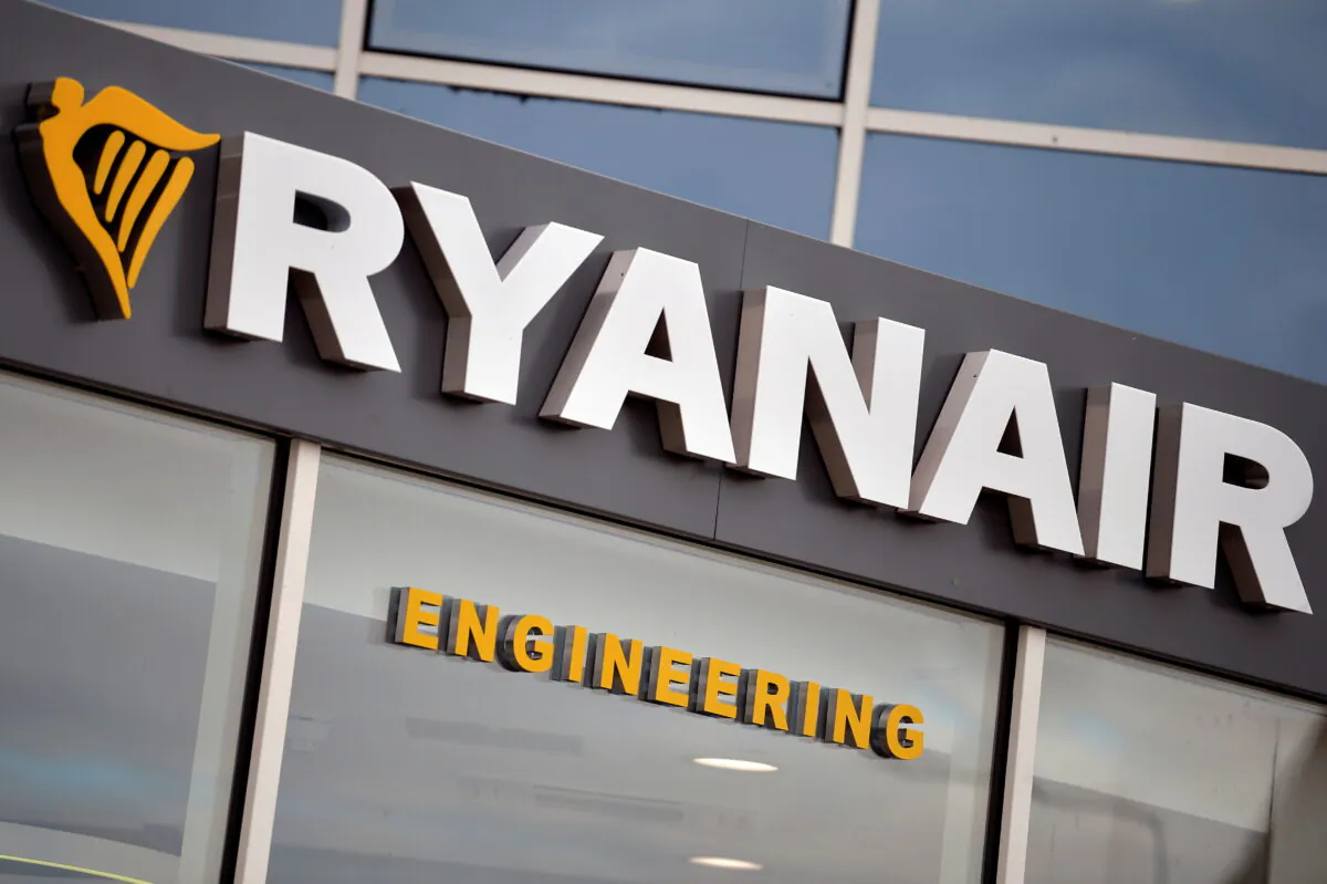 General view of the Ryanair logo at their headquarters in Dublin, Ireland, on Sept. 16, 2021. (Clodagh Kilcoyne/Reuters)