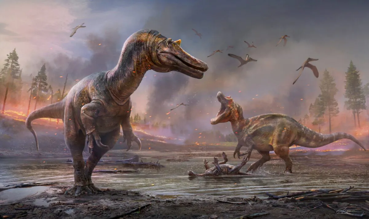 The meat-eating dinosaurs Ceratosuchops inferodios, in the foreground, and Riparovenator milnerae, in the background are seen in an undated artist's rendition. (Anthony Hutchings/Handout via Reuters)