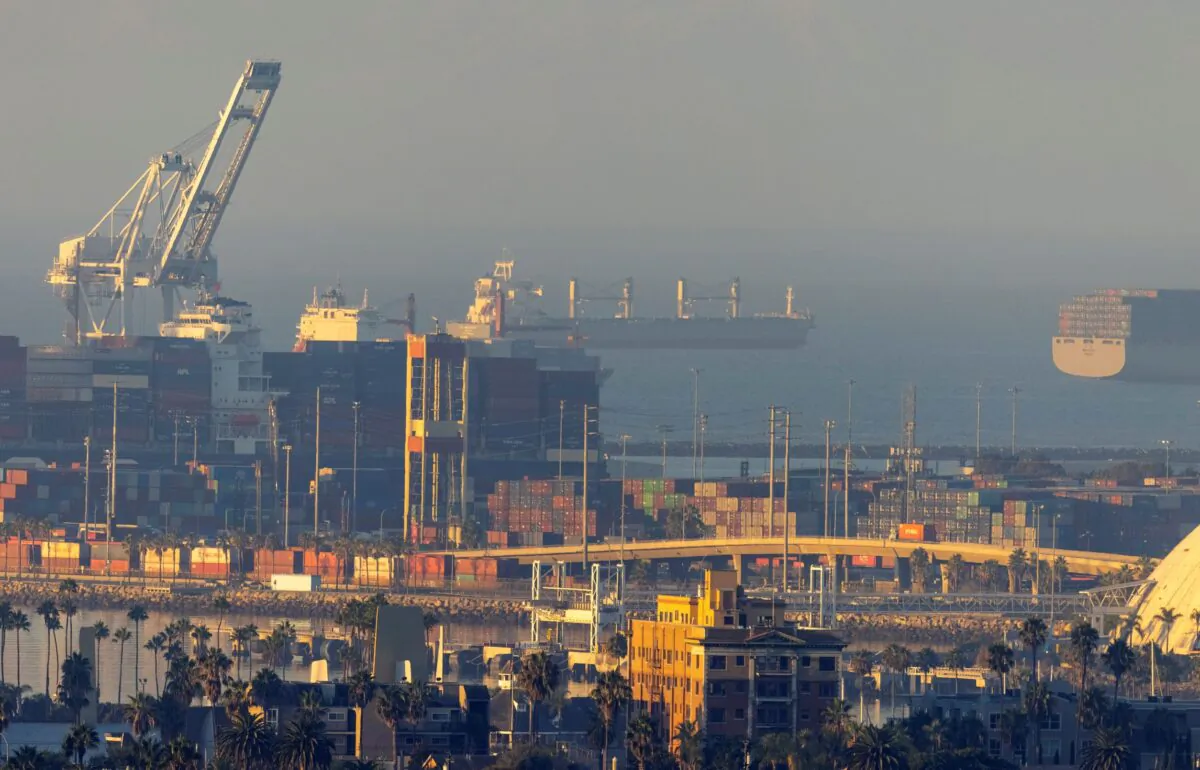 The port of Long Beach is shown as a record number of cargo container ships wait to unload in Long Beach, Calif., on Sept. 22, 2021. (Mike Blake/Reuters)