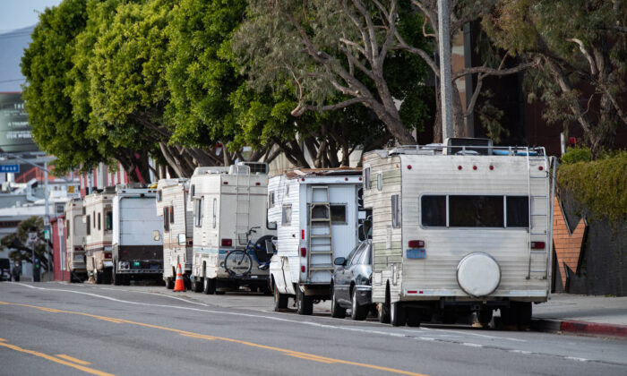 RVs park along the street in Venice, Calif., on Jan. 27, 2021. (John Fredricks/The Epoch Times)