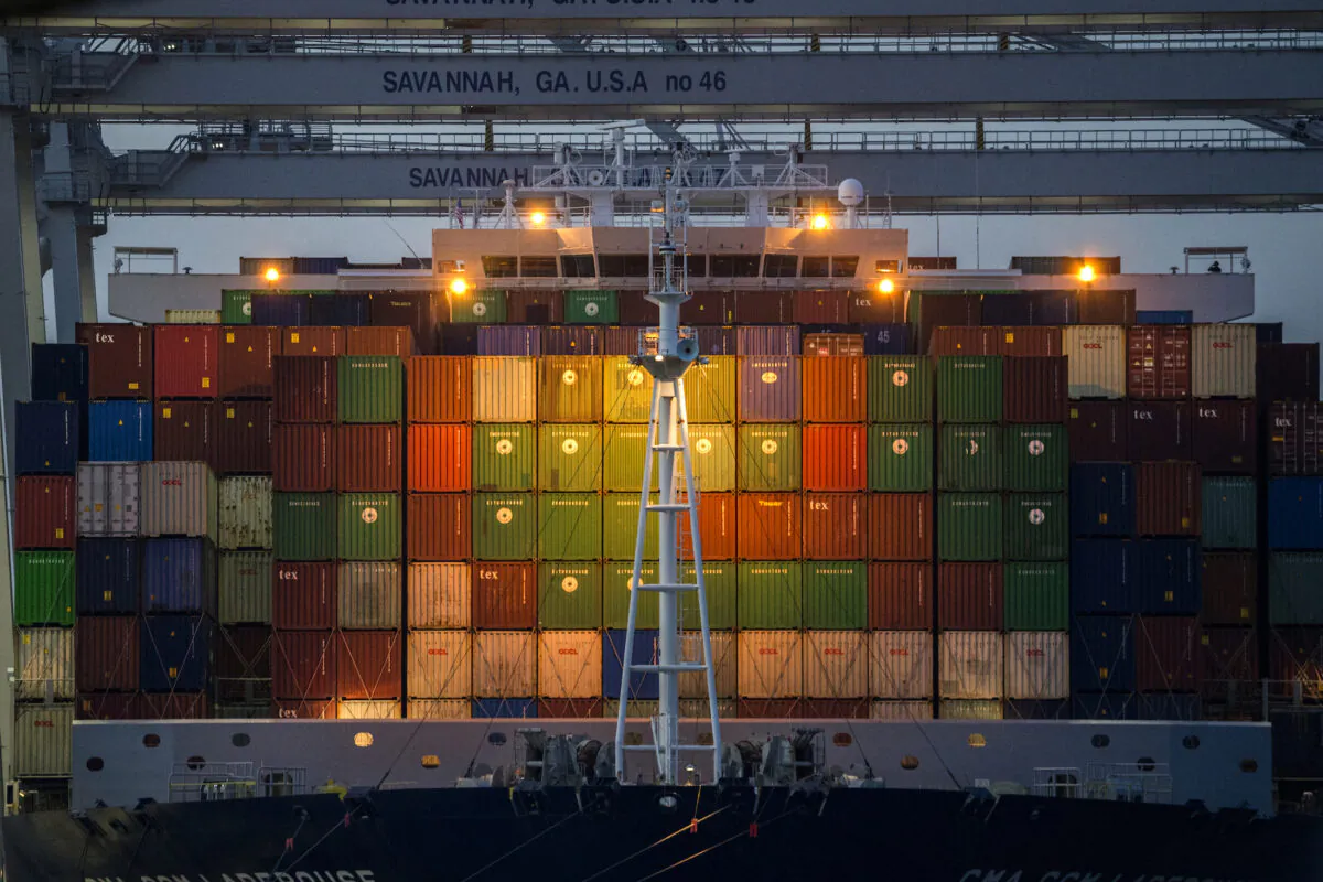 Ship to shore cranes work the container ship CMA CGM Laperouse at the Georgia Ports Authority's Port of Savannah in Savannah, Ga., on Sept. 29, 2021. (Stephen B. Morton/AP Photo)