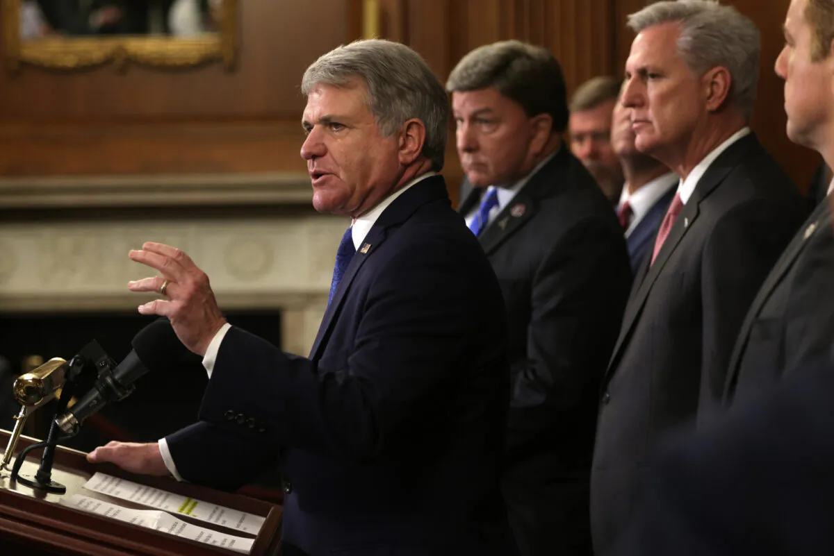 U.S. Rep. Michael McCaul (R-TX) (L) speaks as House Minority Leader Rep. Kevin McCarthy (R-CA) (R) and House Republican veterans of the military listen during a news conference at Rayburn Room of the U.S. Capitol in Washington, on Aug. 31, 2021. (Alex Wong/Getty Images)