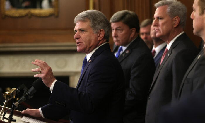 U.S. Rep. Michael McCaul (R-TX) (L) speaks as House Minority Leader Rep. Kevin McCarthy (R-CA) (R) and House Republican veterans of the military listen during a news conference at Rayburn Room of the U.S. Capitol in Washington, on Aug. 31, 2021. (Alex Wong/Getty Images)