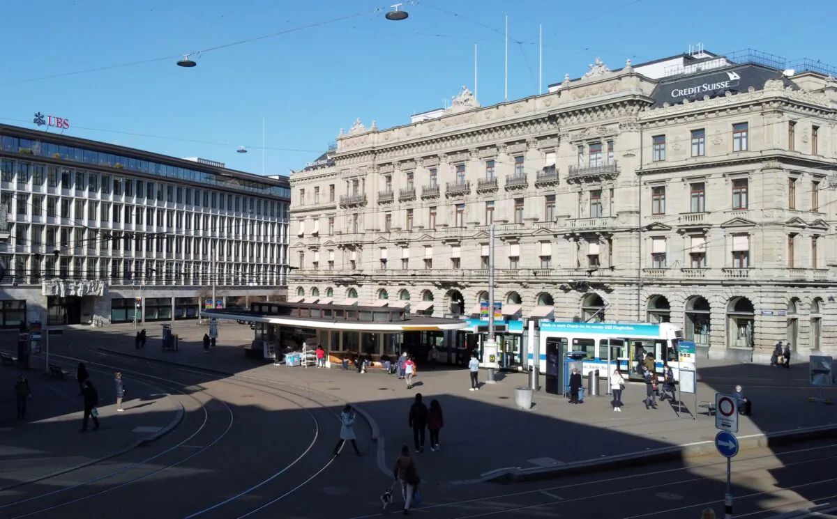 The headquarters of Swiss bank Credit Suisse is seen beside a UBS branch office at the Paradeplatz in Zurich, Switzerland on March 23, 2021. Picture taken with a drone. (Arnd Wiegmann)