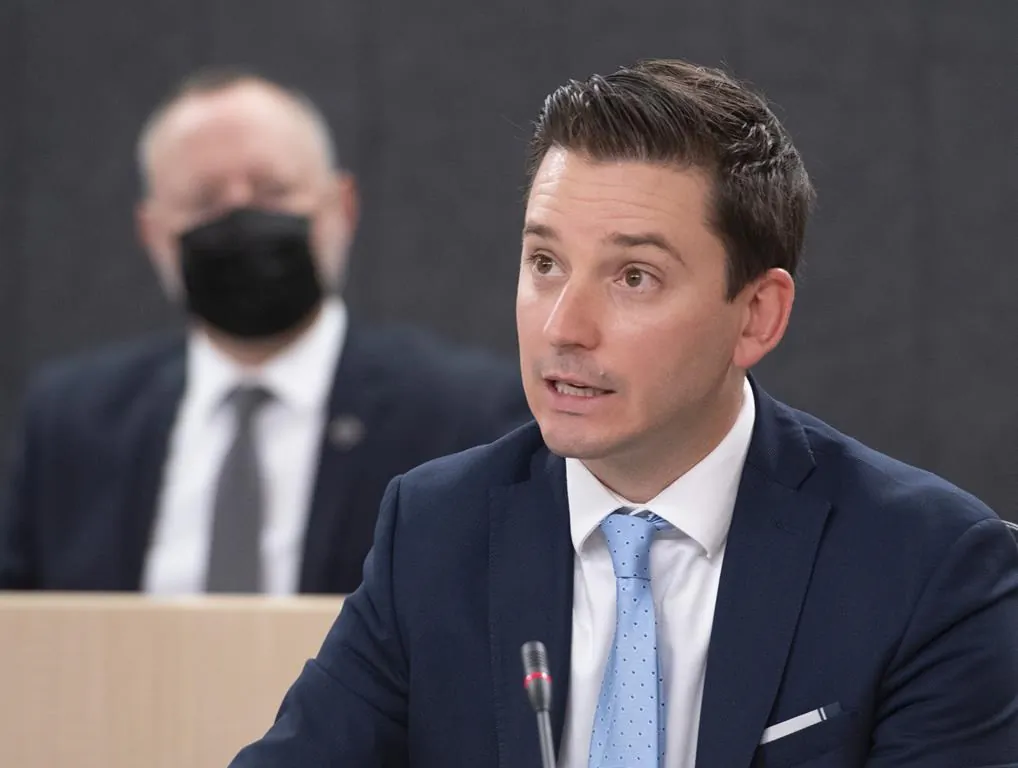 Simon Jolin-Barrette, Quebec's minister responsible for the French language, speaks at the beginning of a legislature committee studying a proposed reform of the French language law, on Sept. 21, 2021, at the legislature in Quebec City. (The Canadian Press/Jacques Boissinot)