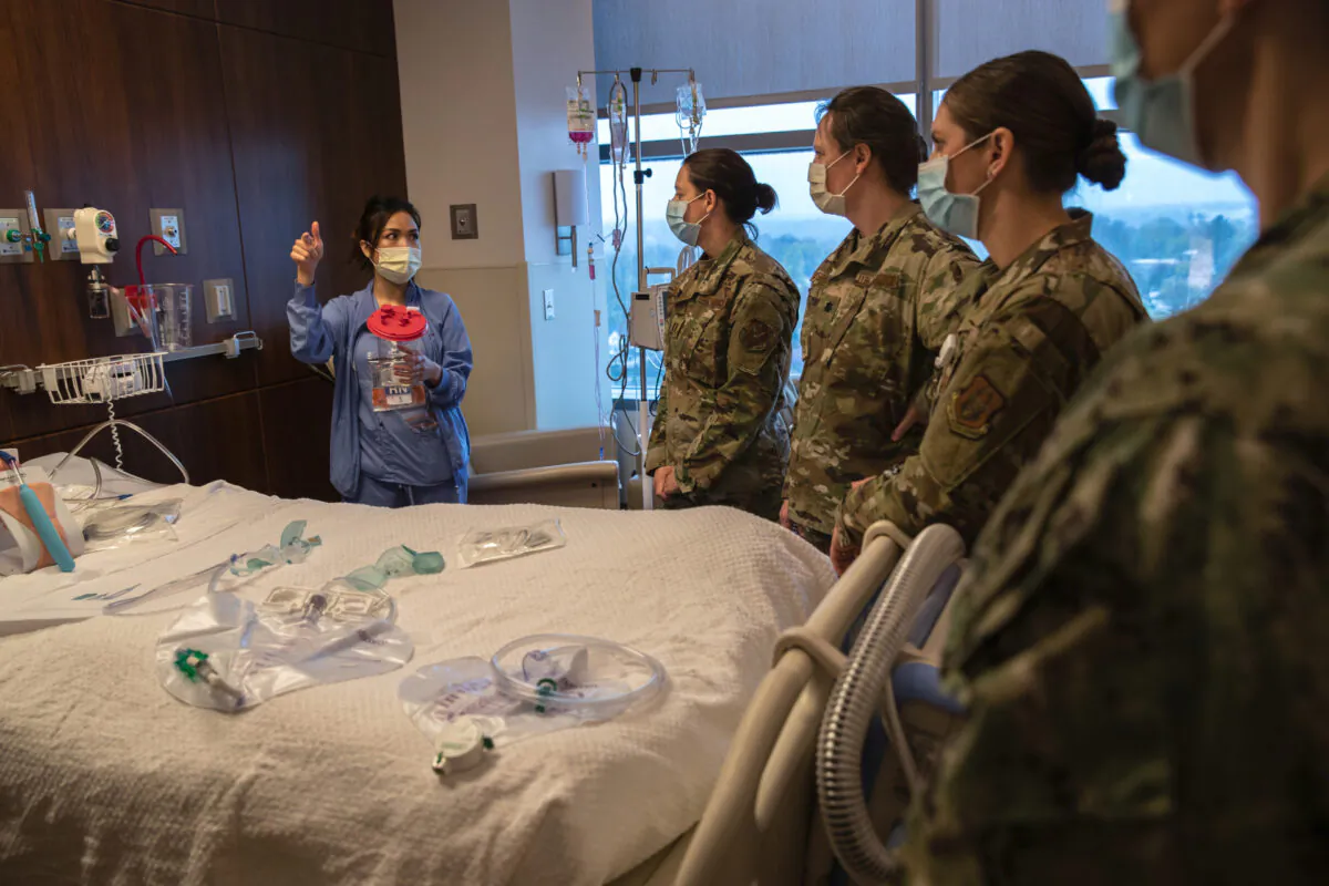 U.S. military medical personnel, including U.S. Army reserve and Connecticut National Guard train with Stamford Hospital staff on April 24, 2020 in Stamford, Connecticut. (John Moore/Getty Images)