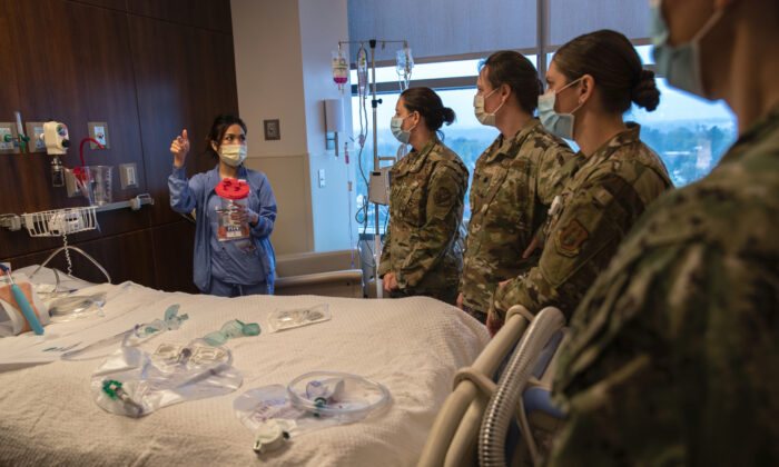 U.S. military medical personnel, including U.S. Army reserve and Connecticut National Guard train with Stamford Hospital staff in Stamford, Conn., on April 24, 2020. (John Moore/Getty Images)