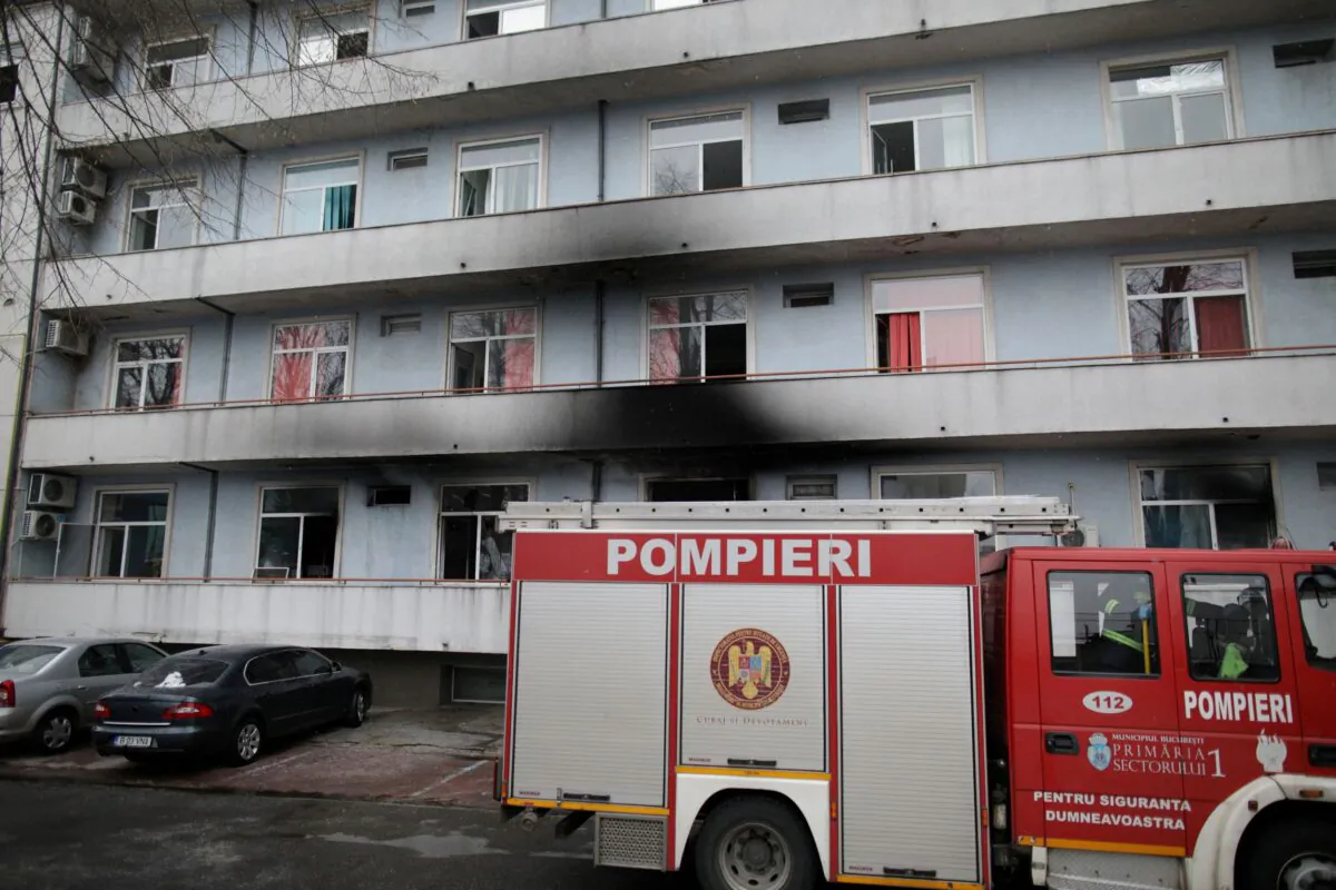 A firetruck is seen at the site of COVID-19 hospital Matei Bals, after a fire broke out in Bucharest, Romania on Jan. 29, 2021. (Octav Ganea/Inquam Photos via Reuters)