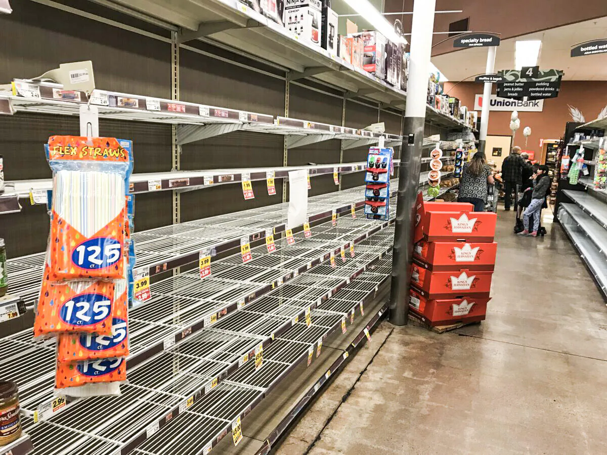 The toilet paper and paper towel aisle at Ralphs in Menifee, Calif., on March 15, 2020. (Brad Jones/The Epoch Times)