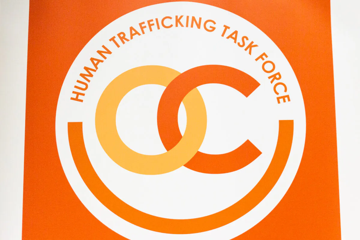 The Orange County Human Trafficking Taskforce logo at the Anaheim Police Station in Anaheim, Calif., on April 6, 2021. (John Fredricks/The Epoch Times)