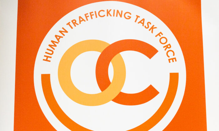 The Orange County Human Trafficking Taskforce logo at the Anaheim Police Station in Anaheim, Calif., on April 6, 2021. (John Fredricks/The Epoch Times)