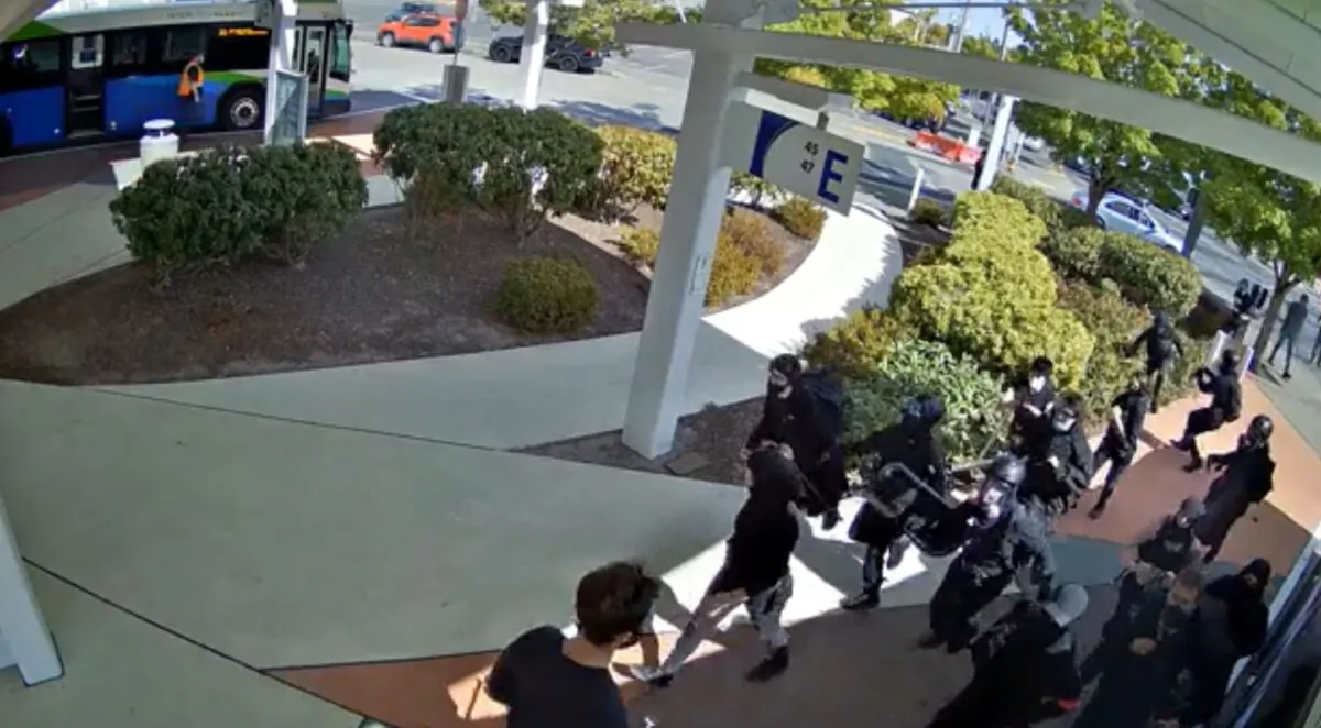 In this image from video, members of the far-left Antifa network are seen in Olympia, Wash., on Sept. 4, 2021. (Olympia Police Department)