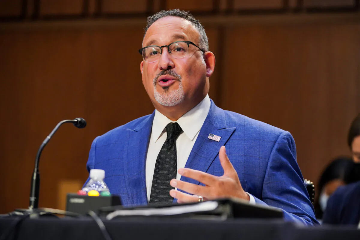 Secretary of Education Miguel Cardona speaks during a Senate Health, Education, Labor, and Pensions Committee hearing at Capitol Hill in Washington, on Sept. 30, 2021. (Greg Nash-Pool/Getty Images)