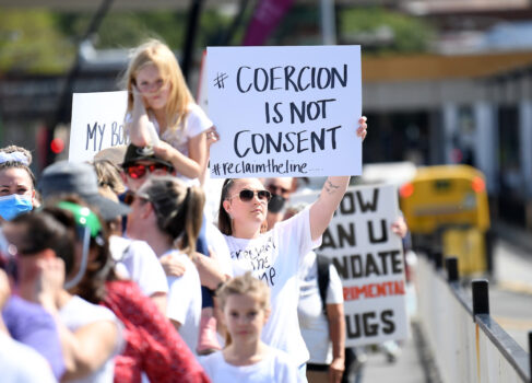Protesters Rally Against Mandatory COVID-19 Vaccinations For Workers In Brisbane