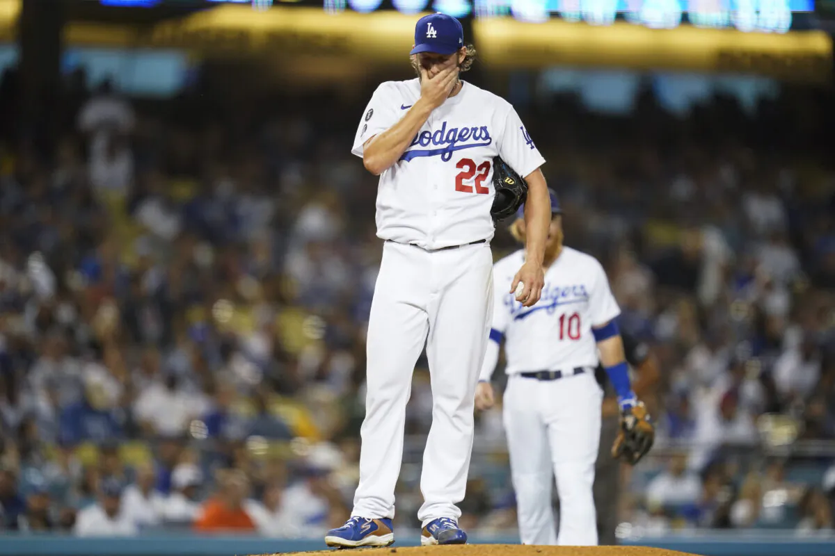 Los Angeles Dodgers starting pitcher Clayton Kershaw (22) reacts on the mound before he exits the game during the second inning of a baseball game against the Milwaukee Brewers Friday, Sept. 1, 2021, in Los Angeles. (Ashley Landis/AP Photo)