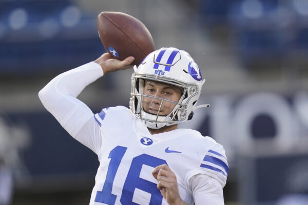 BYU quarterback Baylor Romney (16) warms up