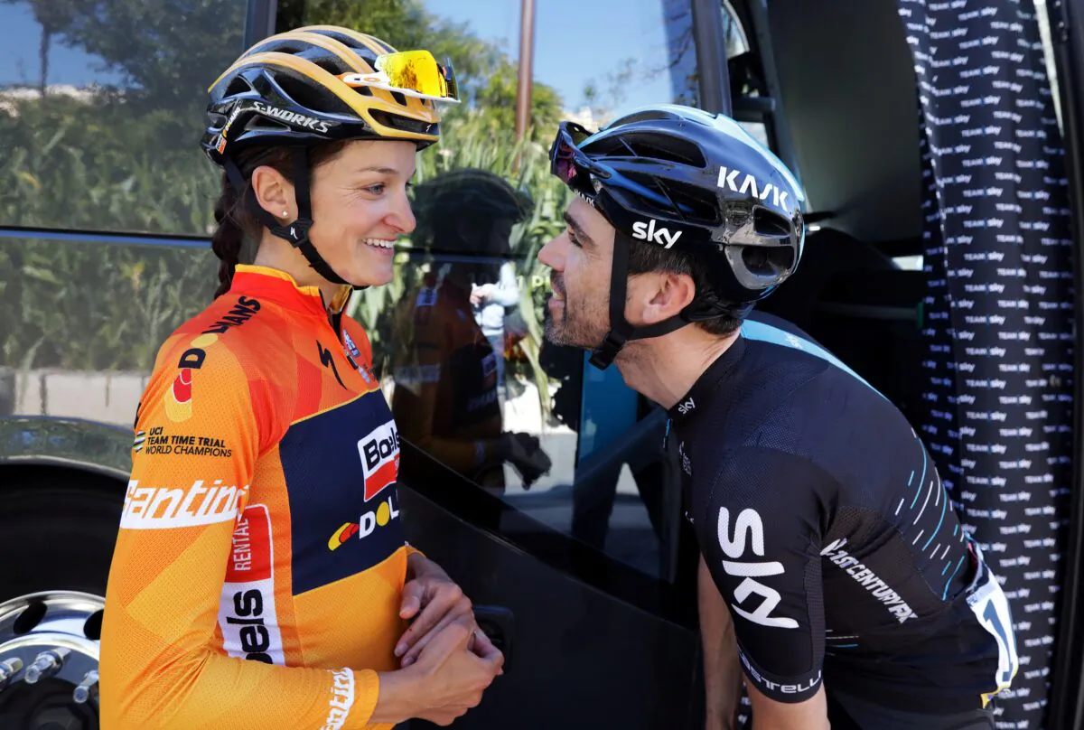 British cyclist Lizzie Armitstead-Deignan talks with her husband Sky rider Philip Deignan before the start of the 7th stage of Paris Nice cycling race, in Nice, France, on March 11, 2017. (Eric Gaillard/Reuters)