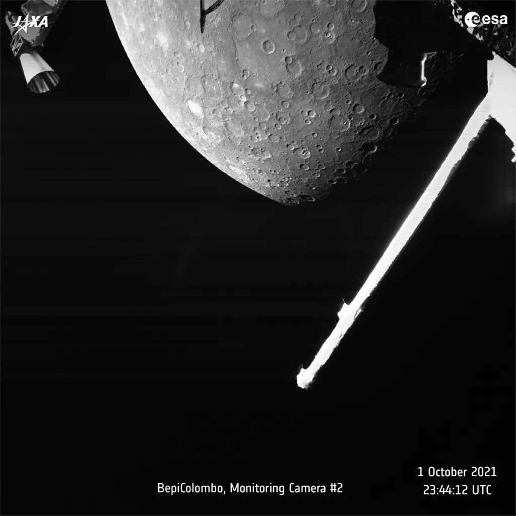 This image made available by the European Space Agency (ESA) shows planet Mercury taken by the joint European-Japanese BepiColombo spacecraft Mercury Transfer Module’s Monitoring Camera 2, on Oct. 1, 2021. (ESA via AP)