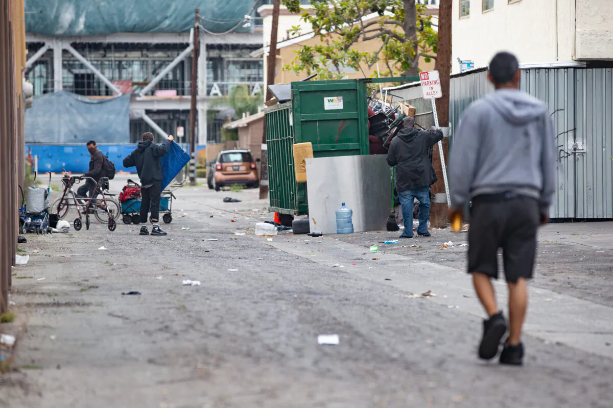 A homeless encampment off Ross Street in Santa Ana, Calif., on May 10, 2021. (John Fredricks/The Epoch Times)