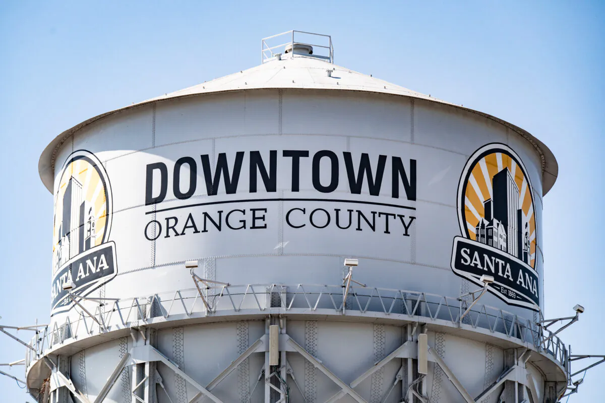 The Santa Ana water tower in Santa Ana, Calif., on Aug. 9, 2021. (John Fredricks/The Epoch Times)