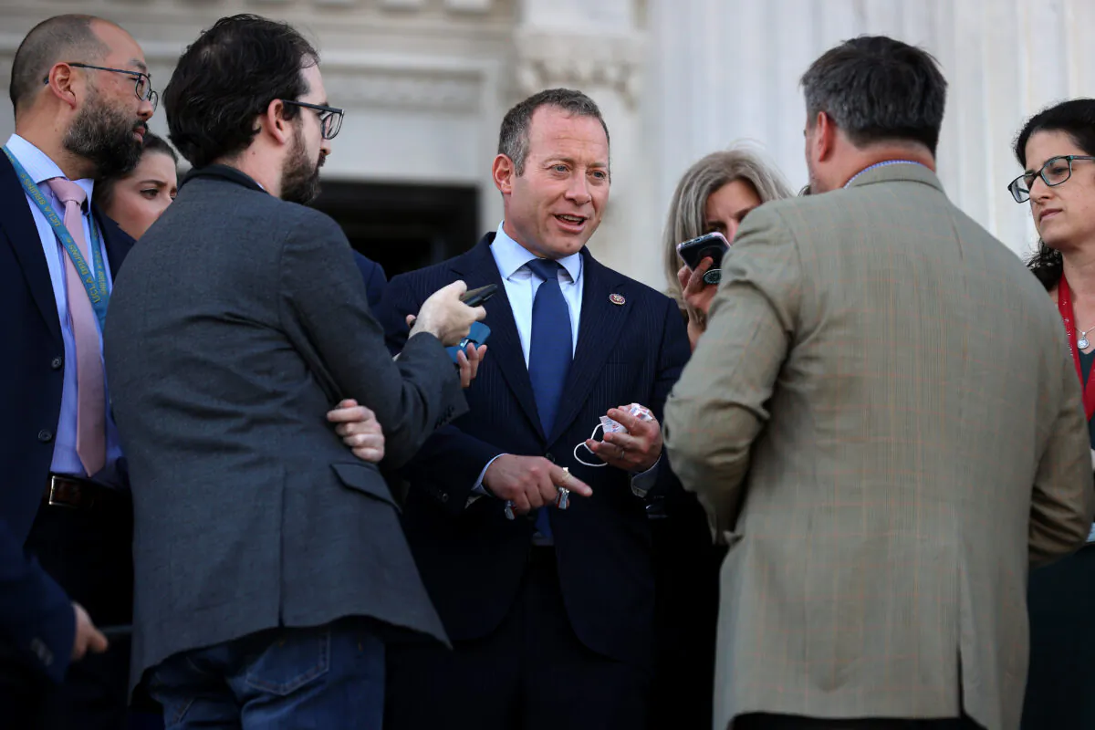 Rep. Josh Gottheimer (D-N.J.) speaks to reporters outside the U.S. Capitol in Washington, on Sept. 30, 2021. (Mandel Ngan/AFP via Getty Images)