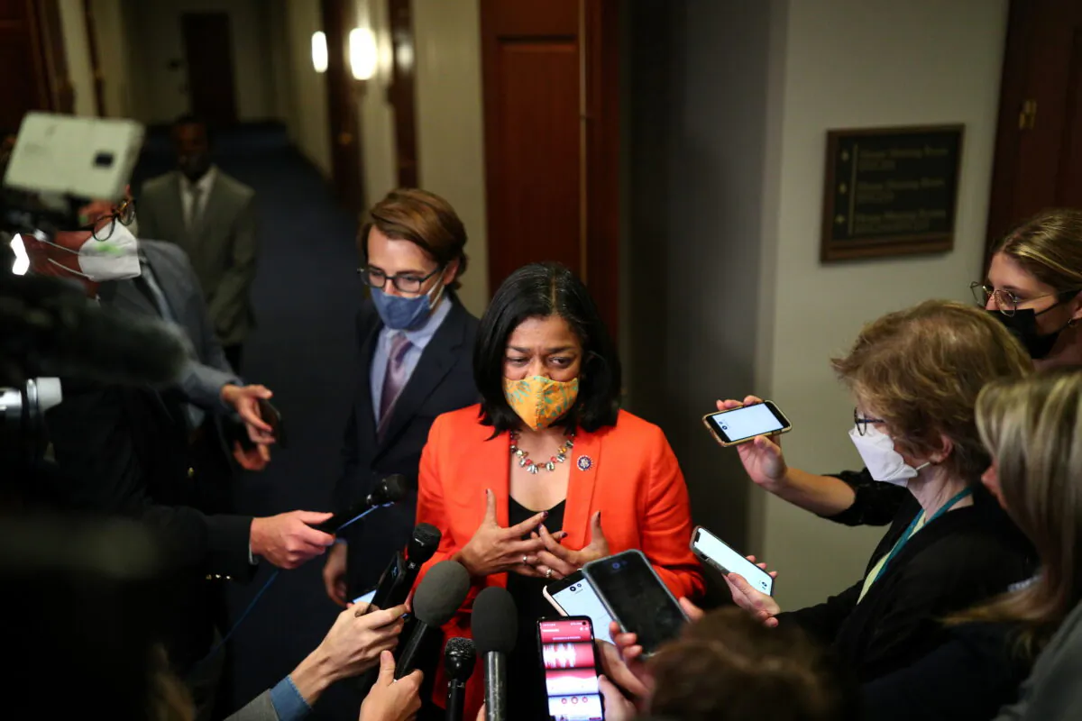 Congressional Progressive Caucus Chair Pramila Jayapal (D-Wash.) speaks to reporters following a caucus meeting on Capitol Hill in Washington on Oct. 1, 2021. (Tom Brenner/Reuters)