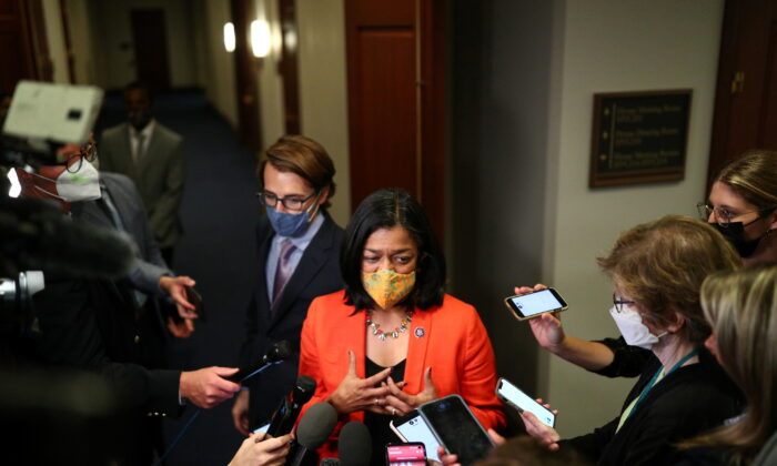 Congressional Progressive Caucus Chair Pramila Jayapal (D-Wash.) speaks to reporters following a caucus meeting on Capitol Hill in Washington on Oct. 1, 2021. (Tom Brenner/Reuters)