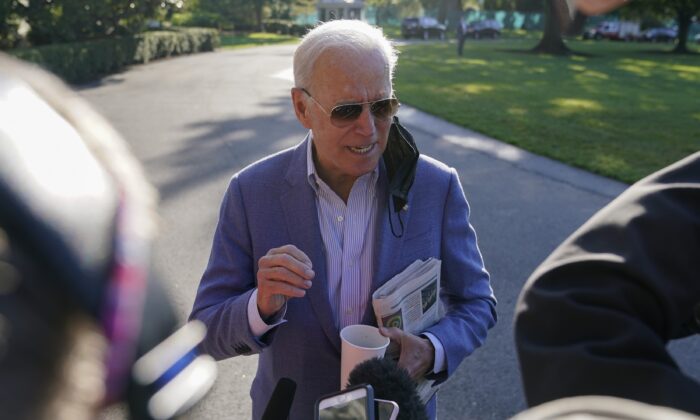 President Joe Biden speaks with reporters before departing for Delaware, outside the White House on Oct. 2, 2021. (Patrick Semansky/AP Photo)