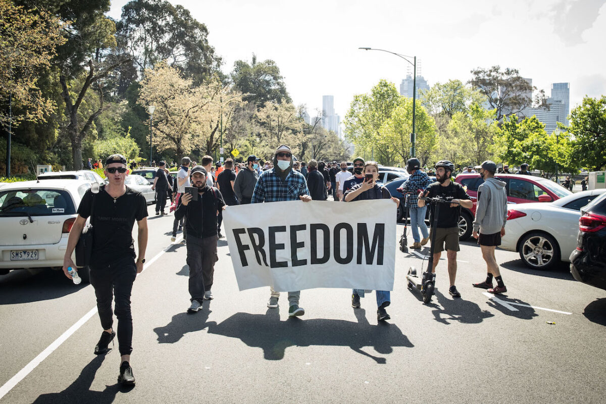 Protesters Rally Against COVID-19 Restrictions As Lockdown Continues In Melbourne