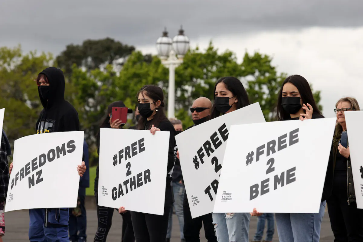 People attend an anti-lockdown protest at the Auckland Domain in Auckland, New Zealand,  on Oct. 2, 2021. (Phil Walter/Getty Images)