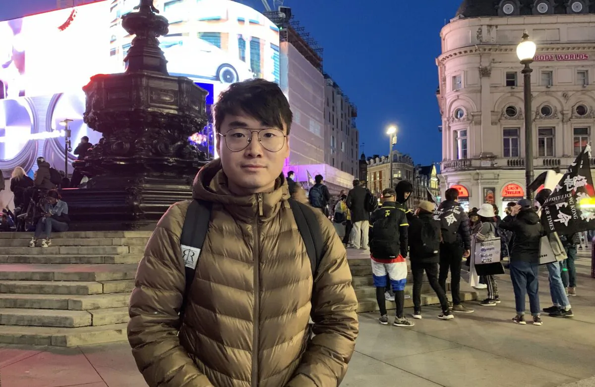 Simon Cheng in an interview during the "Resist the CCP Day" in London, on Oct. 1, 2021. (Jenna/The Epoch Times)