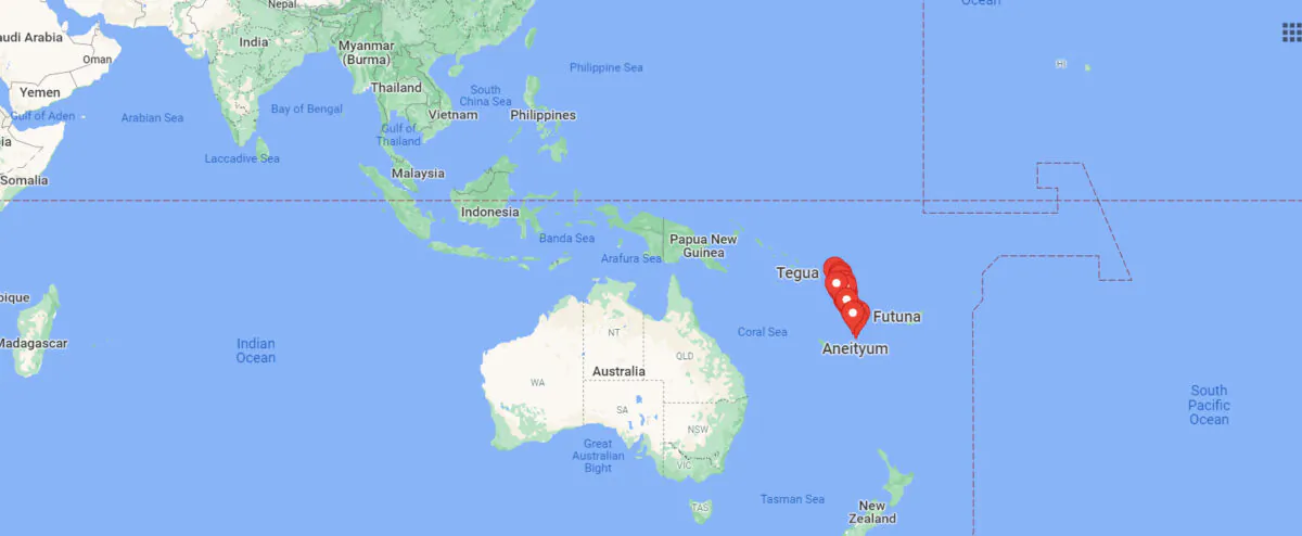A screenshot shows Vanuatu islands in the South Pacific, where a notable earthquake of magnitude 6.8 struck the region, on Oct. 09, 2021. (Google Maps/Screenhsot via The Epoch Times)