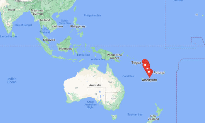 A screenshot shows Vanuatu islands in the South Pacific, where a notable earthquake of magnitude 6.8 struck  the region, on Oct. 09, 2021. (Google Maps/Screenhsot via   Pezou)