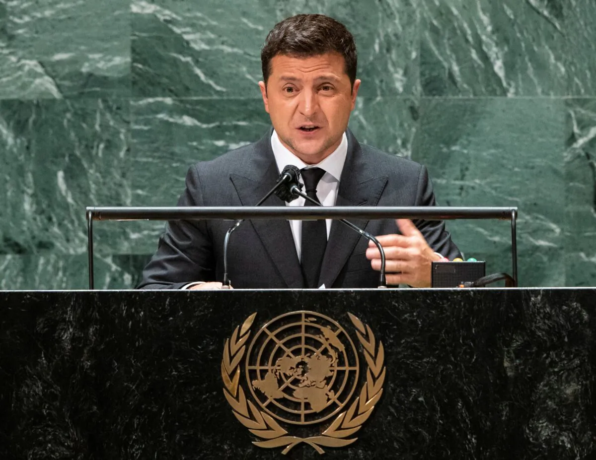 Ukraine's President Volodymyr Zelenskiy addresses the 76th Session of the U.N. General Assembly in New York City on Sept. 22, 2021. (Eduardo Munoz/Pool via Reuters)