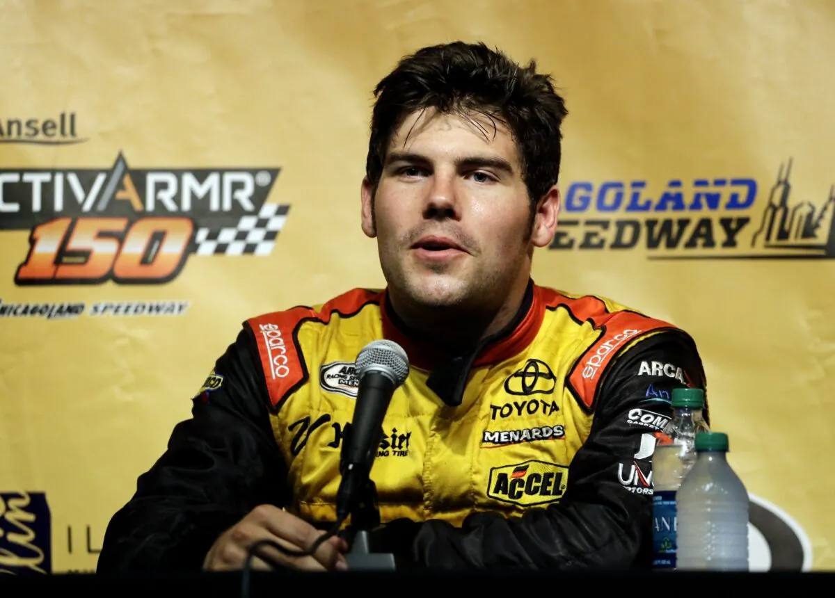 John Wes Townley speaks at a news conference after qualifying for the Arca Racing Series auto race at Chicagoland Speedway in Joliet, Ill., on July 19, 2014. (Nam Y. Huh/AP Photo)