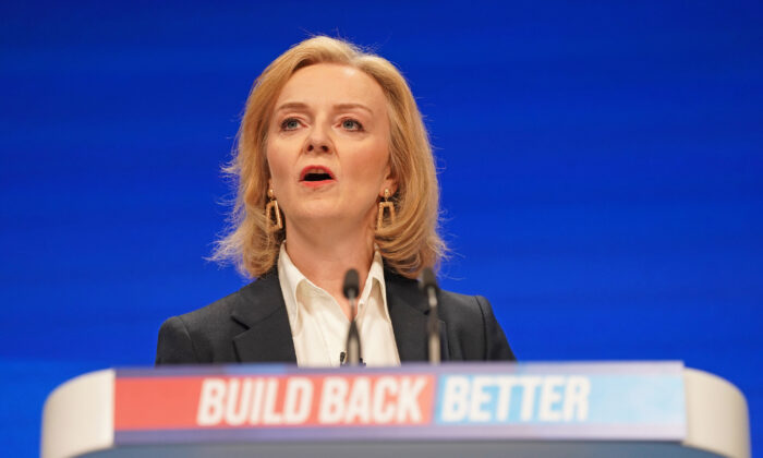 Foreign Secretary Liz Truss during her speech at the Conservative Party Conference in Manchester, England, on Oct. 3, 2021. (Stefan Rousseau/PA)