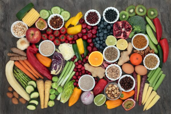 a variety of healthy fruits, vegetables, and other foods