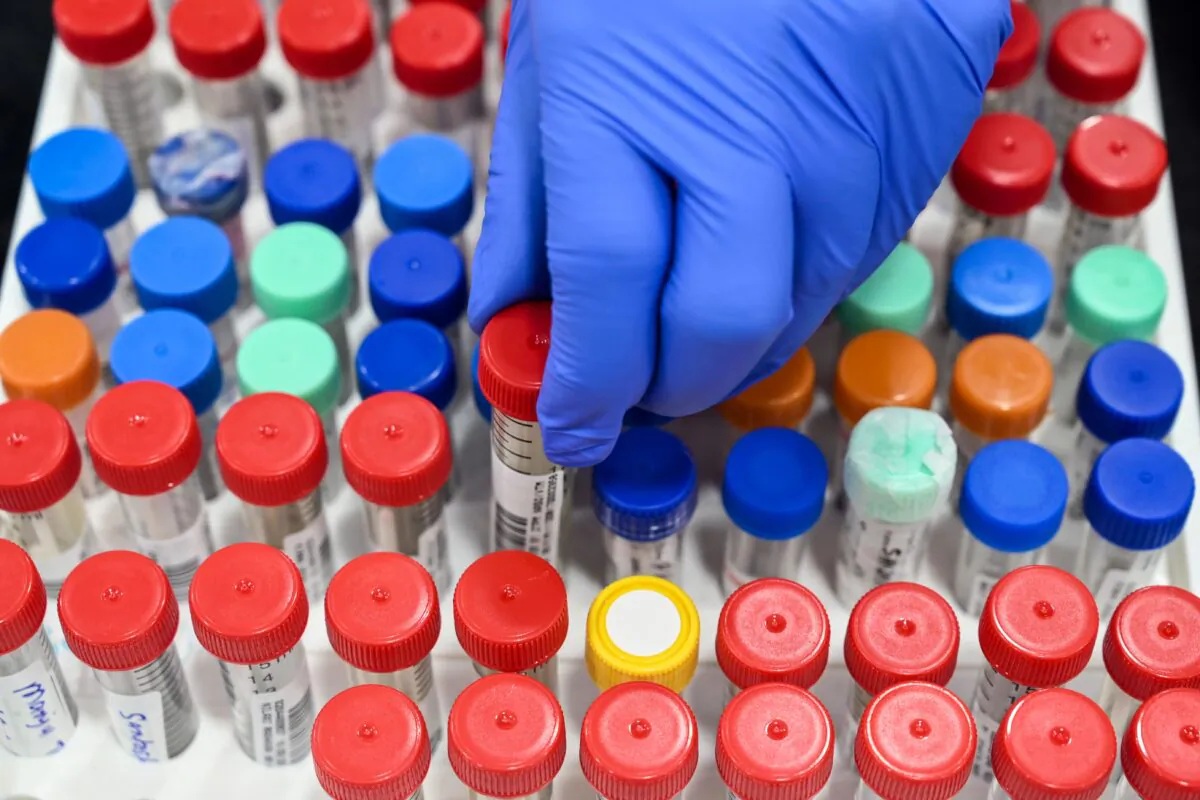 A laboratory staff places a vial containing a sample collected for  coronavirus testing at a hospital in Mumbai on Sept. 16, 2020. (Indranil Mukherjee/AFP via Getty Images)
