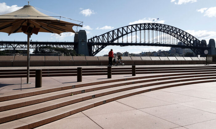 A general view of an empty Opera Bar at the Opera House in Sydney, Australia, on May 1, 2020. (Ryan Pierse/Getty Images)