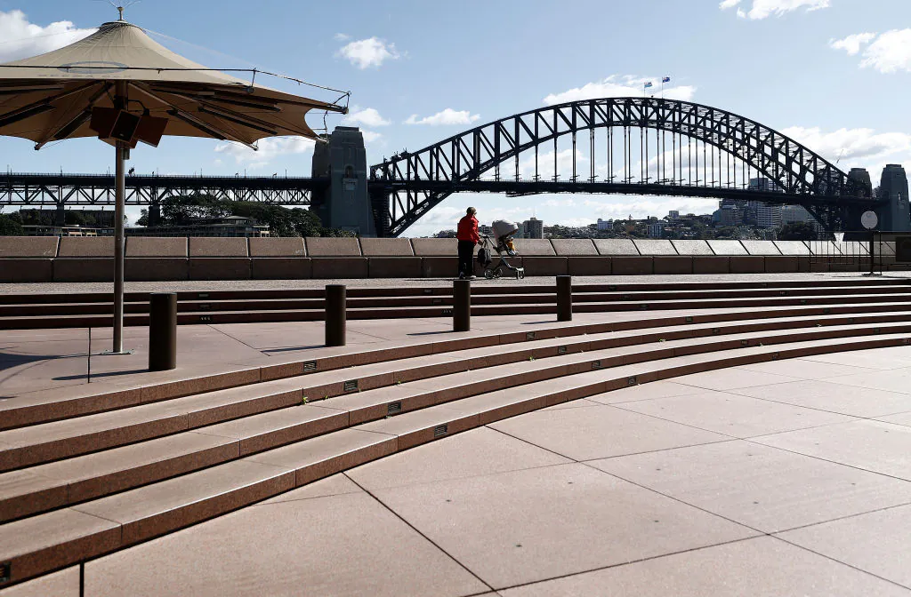 A general view of an empty Opera Bar at the Opera House in Sydney, Australia, on May 1, 2020. (Ryan Pierse/Getty Images)