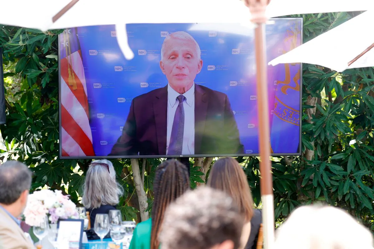 Dr. Anthony Fauci, via video, speaks during The Creative Coalition's 7th Annual Television Humanitarian Awards in Los Angeles on Sept. 18, 2021. (Frazer Harrison/Getty Images)