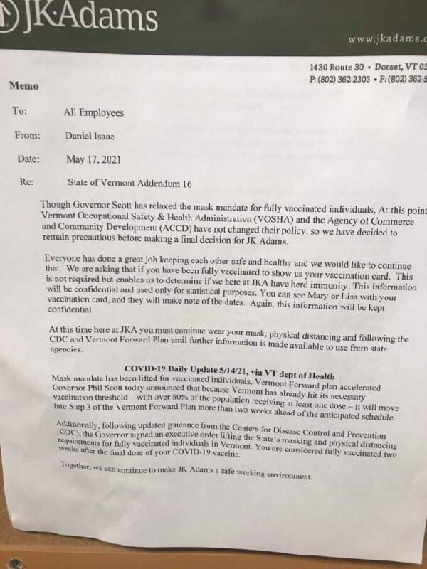 May 17, 2021 email from CEO Daniel Isaac of JK Adams in Dorset, VT requesting all "fully vaccinated" employees to voluntarily show their vaccination card. (Photo, courtesy of Karen Skau)