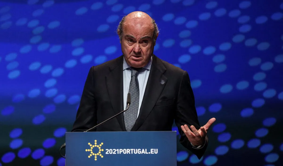 European Central Bank (ECB) Vice-President Luis de Guindos gives a press conference after an informal ECOFIN meeting in Lisbon on May 22, 2021. (Carlos Costa/Pool/AFP via Getty Images)